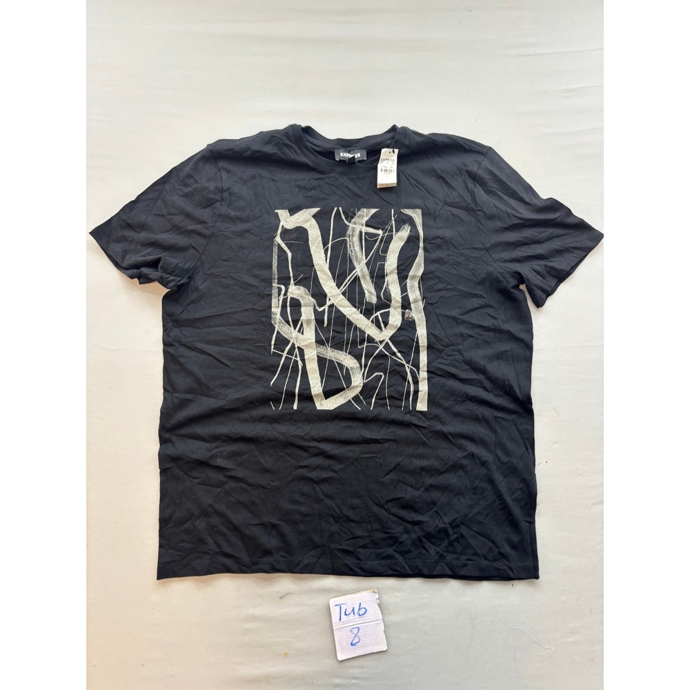 Express Mens Abstract Graphic Tee Black Silver Brushstroke T-Shirt Large NWT